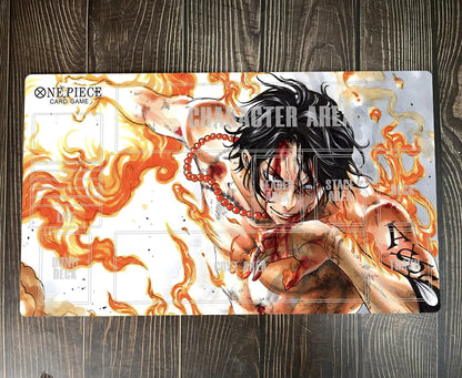 Card game mat with anime character and fiery design on a wooden surface