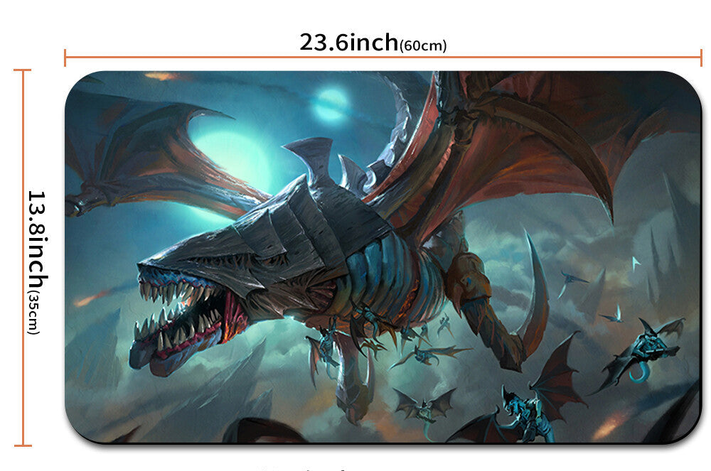 Dragon-themed mouse pad with dimensions and a carrying case shown below.