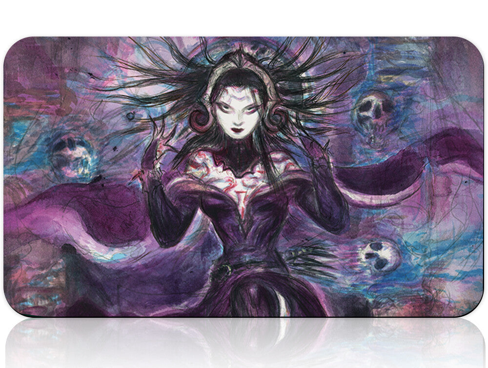 Phone case with a fantasy design of a woman in a purple outfit against a colorful background, with a pen on a white surface.