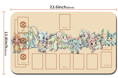 Card game mat with cartoon characters and measurements, featuring a drawstring bag.