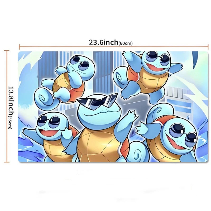 A rectangular printed mat or poster featuring five cartoon Squirtle characters in a blue water-themed scene, with dimension labels showing 23.6 inches by 13.