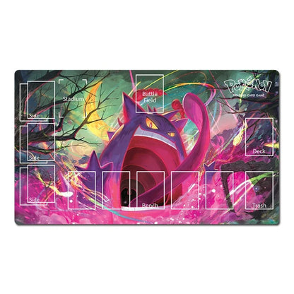 A rectangular Pokémon trading card game playmat featuring a colorful fantasy illustration of a purple Groudon surrounded by pink, green, and yellow magical effects. The playmat includes white printed zones and labels for Stadium, Battle Field, Deck, Trash, and other card positions, with the Pokémon logo in the top right.