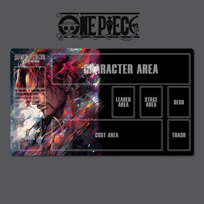 One Piece-themed game mat with character area and game components on a dark background