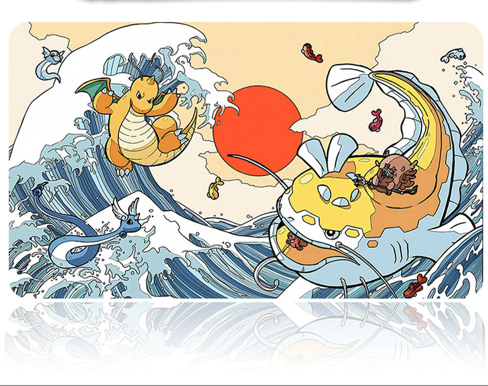 Cartoon illustration of a dragon and a fish with a wave and sun in the background, featuring a metal tool above.