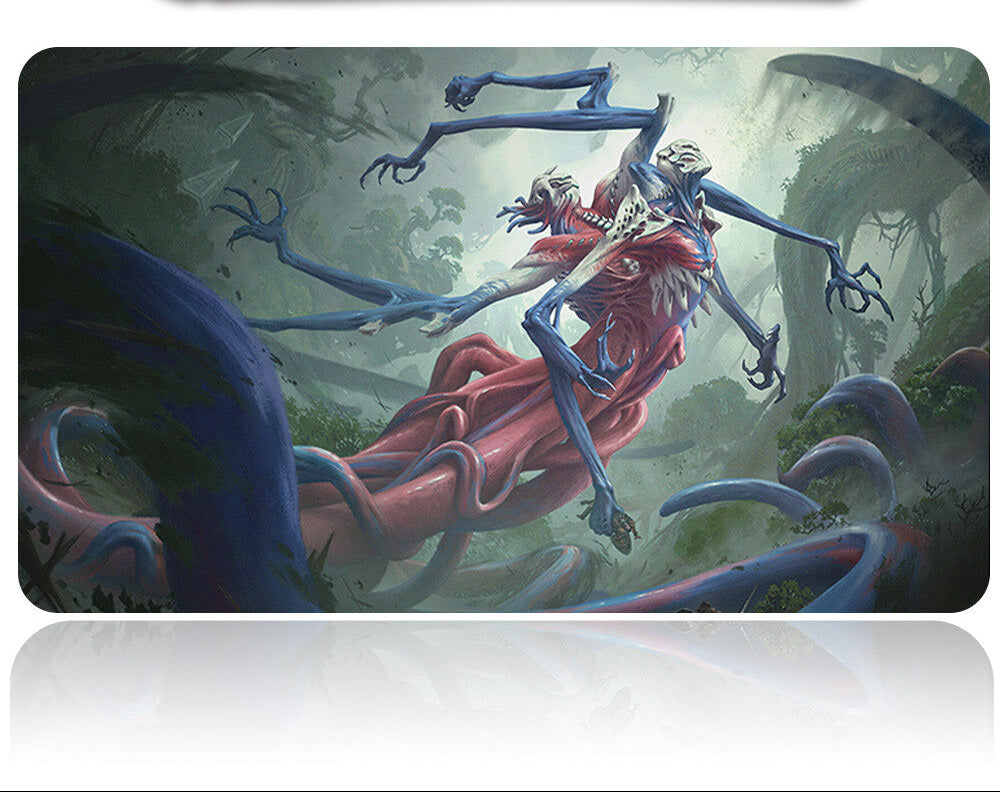 Fantasy artwork of a character with red hair and blue skeletal arms on a product packaging background.
