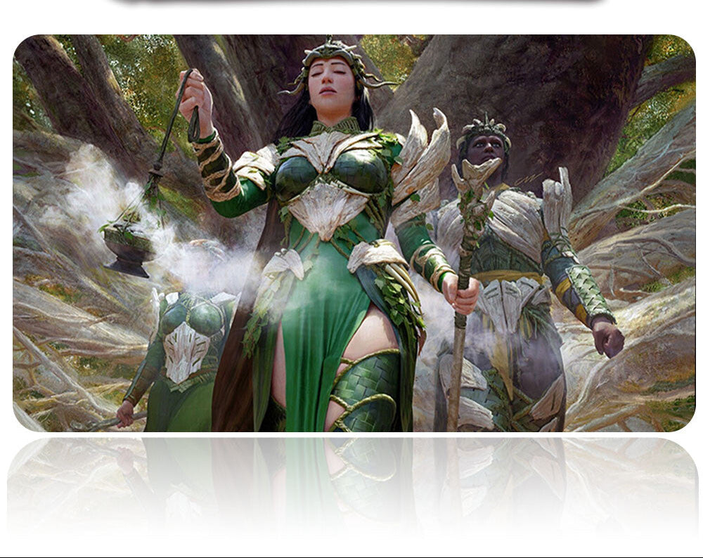 Two characters in green and white costumes standing in a forest setting with a sword above them.