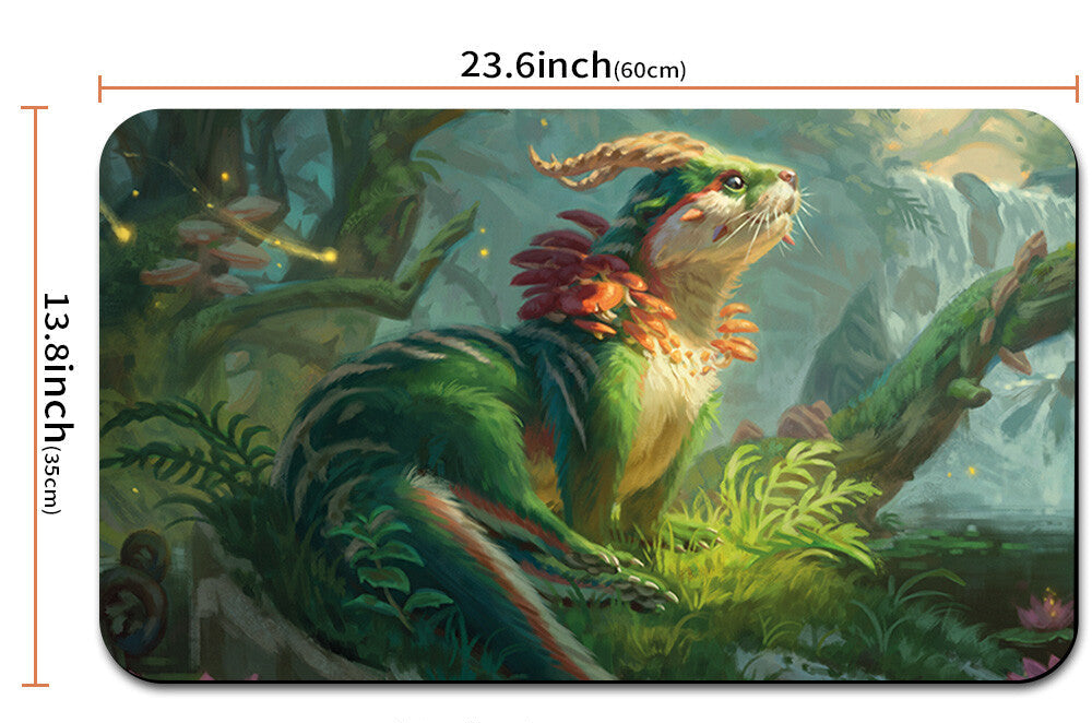 Illustrated dragon in a forest setting with dimensions and a drawstring bag shown below.