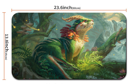 Illustrated dragon in a forest setting with dimensions and a drawstring bag shown below.