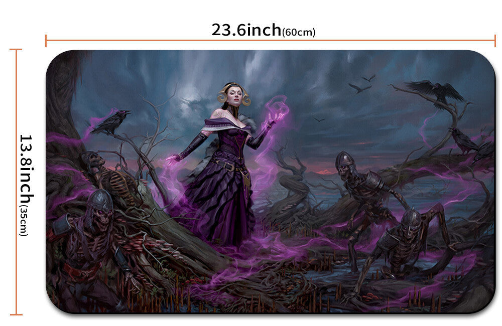 Product with a fantasy design featuring a woman in a purple dress surrounded by dark elements and measurements.