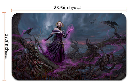 Product with a fantasy design featuring a woman in a purple dress surrounded by dark elements and measurements.