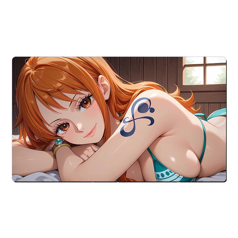 Anime-style character with red hair and a tattoo on a white background