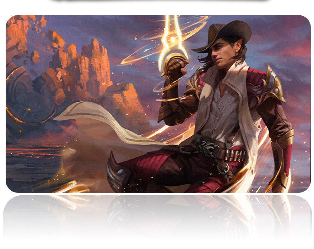 Mouse pad with fantasy-themed design of a character holding a staff, set against a mountainous landscape.