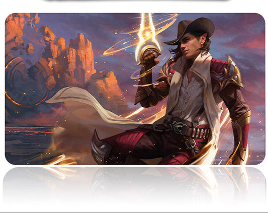 Mouse pad with fantasy-themed design of a character holding a staff, set against a mountainous landscape.
