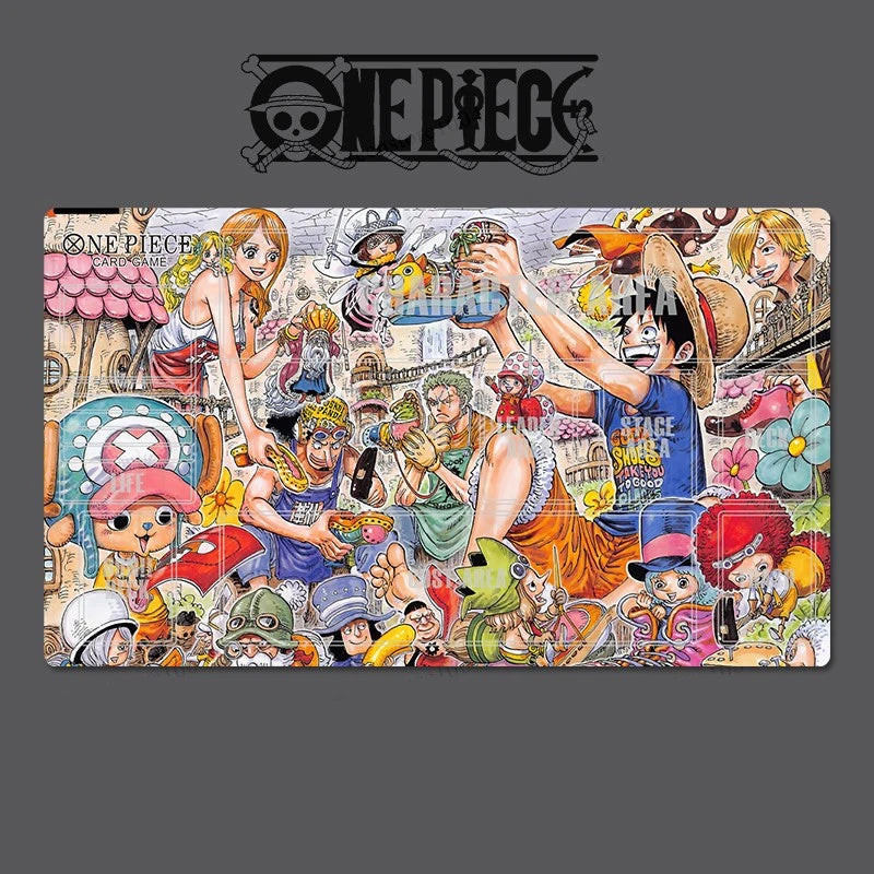 Collage of animated characters from 'One Piece' with the brand logo at the top.