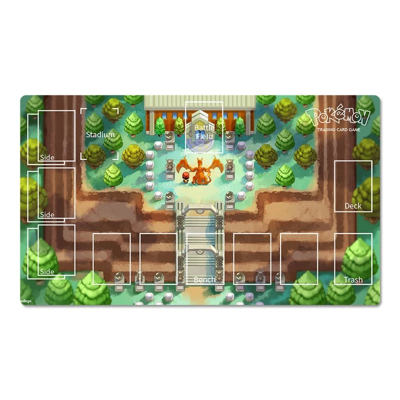 Pokémon Trading Card Game playmat featuring a colorful pixel-art landscape with trees, a stadium, a bridge, and labeled zones for side, deck, trash, and battle.