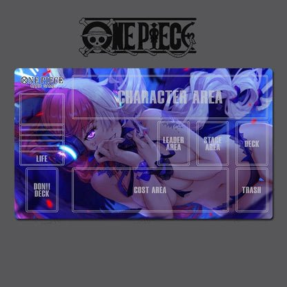 Card game mat with 'One Piece' branding featuring anime-style characters.