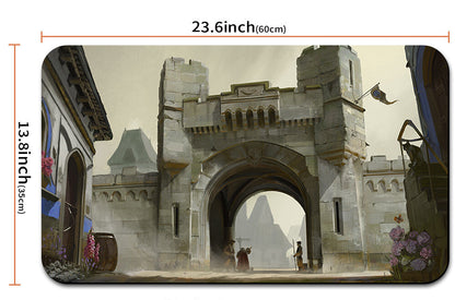 Illustration of a castle gate with dimensions and a pouch below.
