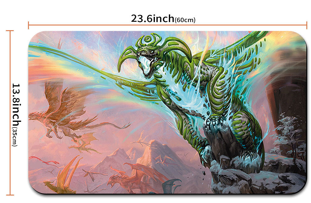 Dragon-themed product with dimensions and a carrying case shown below.