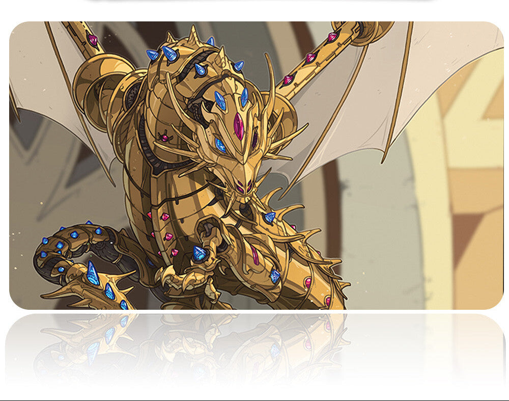 Decorative card with a gold dragon design on a reflective surface