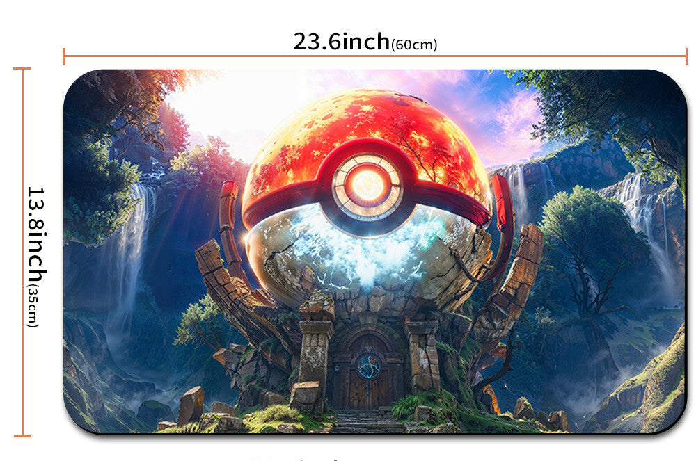 Decorative mat with a fantasy design featuring a large red sphere and measurements on a white background.