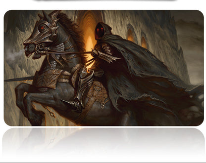 Illustration of a dark figure on a horse with a castle in the background, featuring a sword.