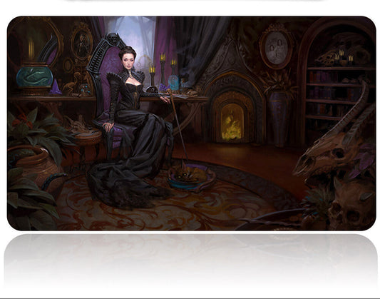 Decorative mat with a fantasy scene of a woman in a dark room with candles and a fireplace.