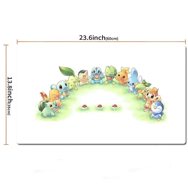 A rectangular white mat or placemat featuring a circular arrangement of cute cartoon Pokémon characters, with dimension lines and text showing 23.6 inch (60 cm) by 13.