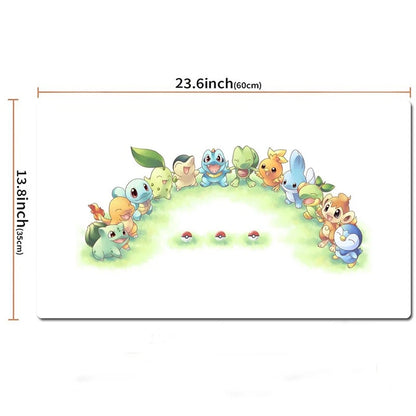 A rectangular white mat or placemat featuring a circular arrangement of cute cartoon Pokémon characters, with dimension lines and text showing 23.6 inch (60 cm) by 13.