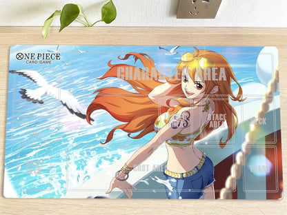 Anime character on a 'One Piece' card game playmat with seagulls in the background.