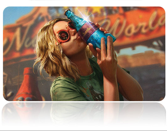 Person holding a blue Coca-Cola bottle with a colorful background