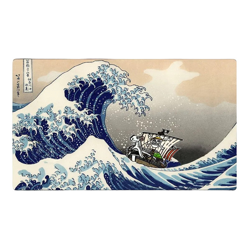 Stylized depiction of a large wave with a ship in the center, reminiscent of famous artwork.