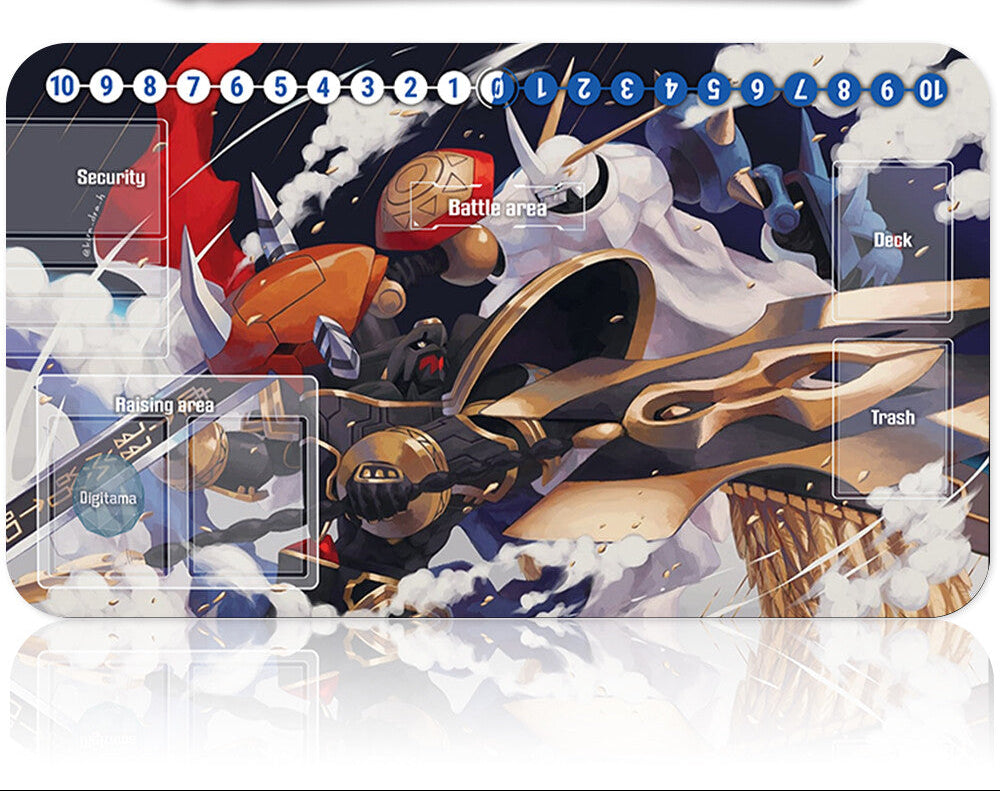 Card game mat with robot design and card holder on a white background