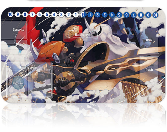 Card game mat with robot design and card holder on a white background