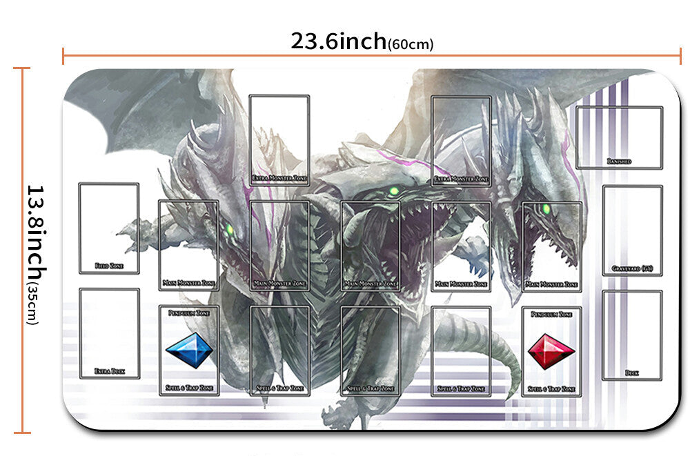 Playmat with dragon design and measurements on a white background