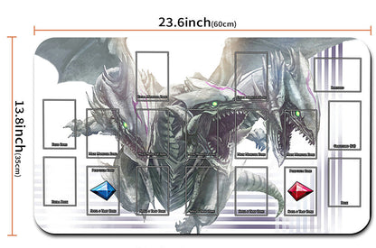 Playmat with dragon design and measurements on a white background