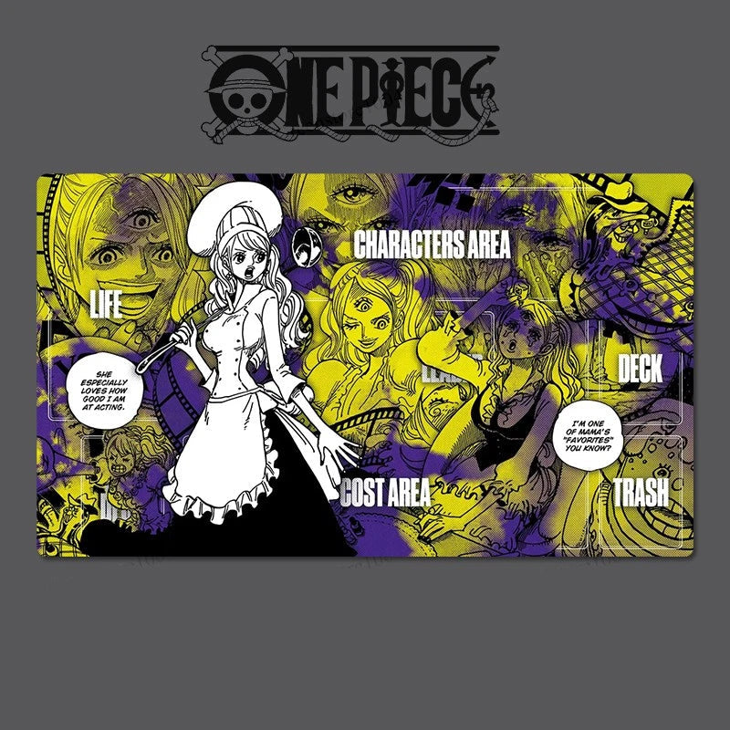 Card game mat with 'One Piece' character illustrations on a dark background