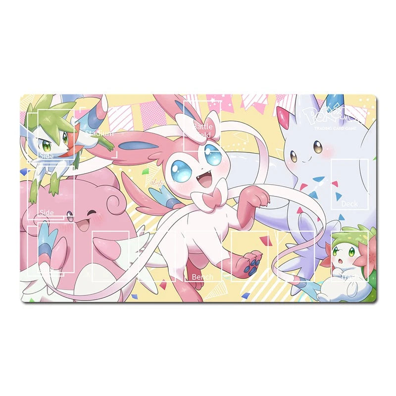 A rectangular Pokémon-themed playmat featuring multiple cute anime characters including Eevee, Piplirip, and others on a pastel yellow background with printed scoring areas and a faint watermark overlay.