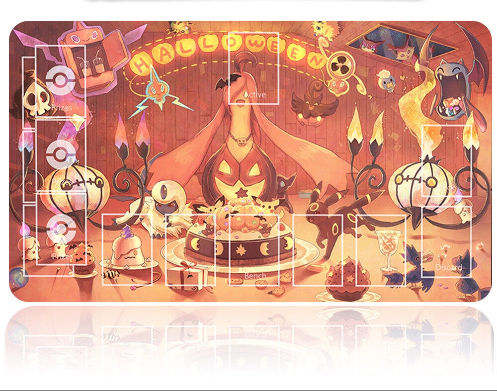 Halloween-themed product with pumpkins, ghosts, and a cake on a decorative mat.