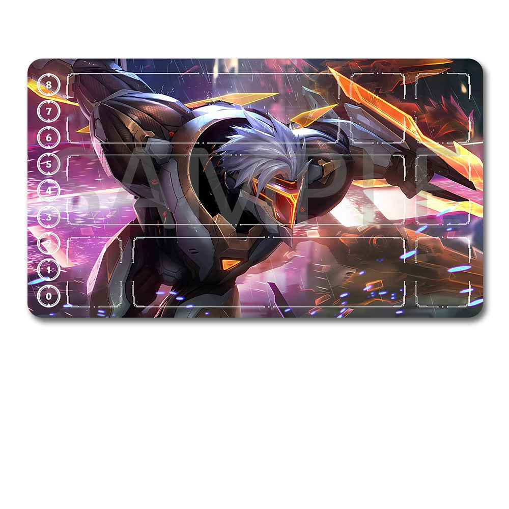 A rectangular gaming playmat with a colorful fantasy mecha illustration and a black drawstring storage pouch below it, shown on a plain white background.