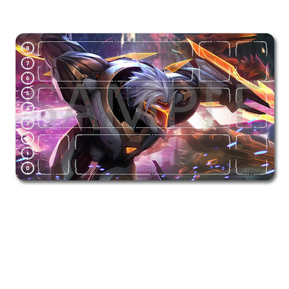 A rectangular gaming playmat with a colorful fantasy mecha illustration and a black drawstring storage pouch below it, shown on a plain white background.