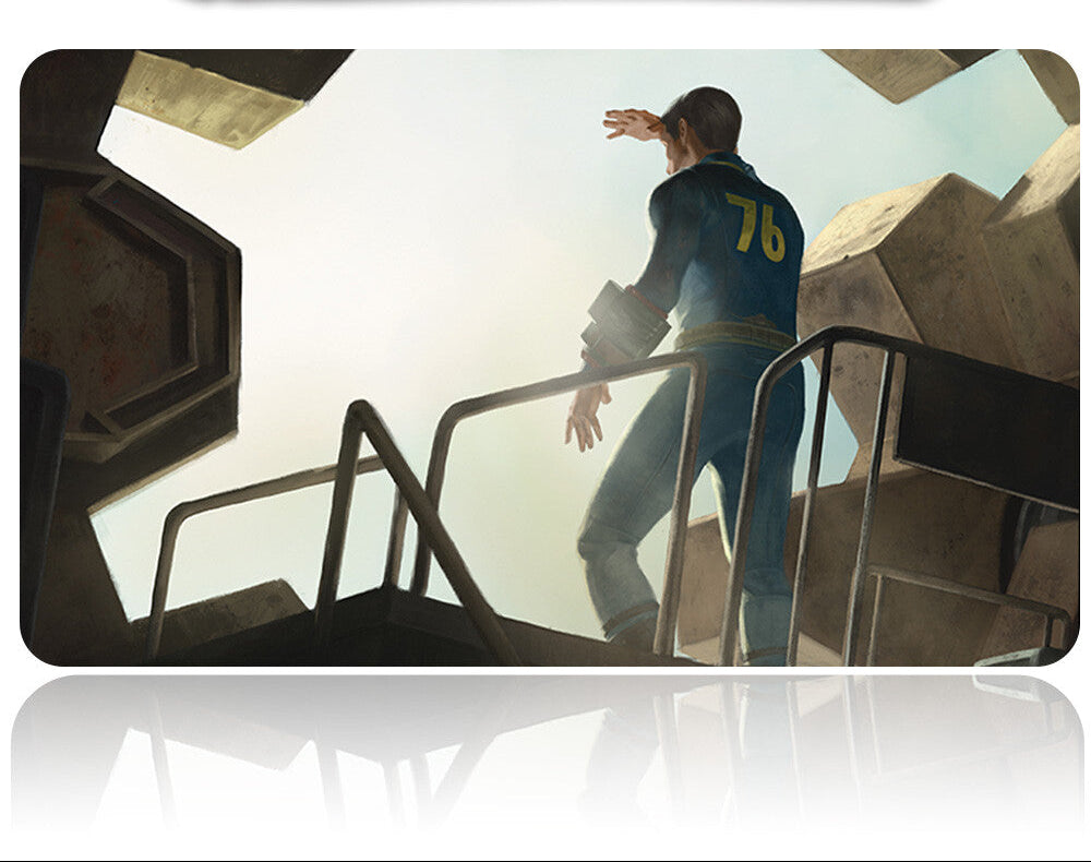 Character in a futuristic suit standing on a staircase with a metallic object above.