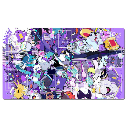 A rectangular gaming playmat with rounded corners, featuring a dense, colorful anime-style illustration on a purple background. The design includes various characters and elements in shades of purple, white, yellow, blue, and black, with the text 'Battle Field' visible in the center.