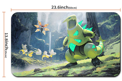 Illustration of a green creature and small creatures in a forest with dimensions displayed.