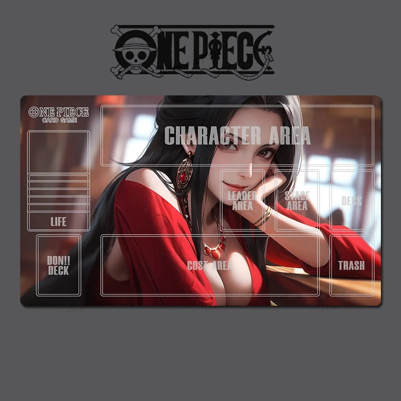 Card game mat with 'One Piece' branding featuring a character in a red outfit.