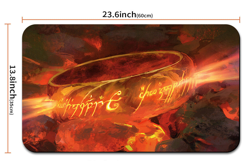 Gaming mouse pad with Lord of the Rings design, featuring the One Ring, with dimensions and a carrying case shown.