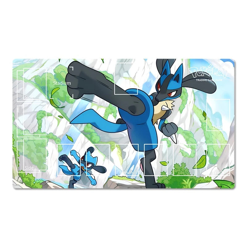 A rectangular gaming playmat featuring an illustration of the Pokémon Lucario in a dynamic fighting pose, set against a stylized mountain background with game area labels like 'Stadium' and 'Battle'.