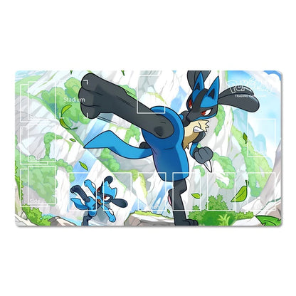A rectangular gaming playmat featuring an illustration of the Pokémon Lucario in a dynamic fighting pose, set against a stylized mountain background with game area labels like 'Stadium' and 'Battle'.