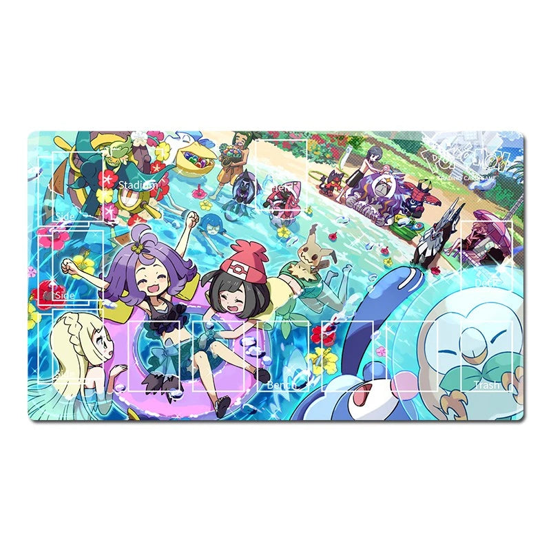 A rectangular gaming playmat featuring a highly detailed, colorful anime illustration with characters and Pokémon, shown on a plain white background.