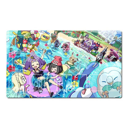 A rectangular gaming playmat featuring a highly detailed, colorful anime illustration with characters and Pokémon, shown on a plain white background.