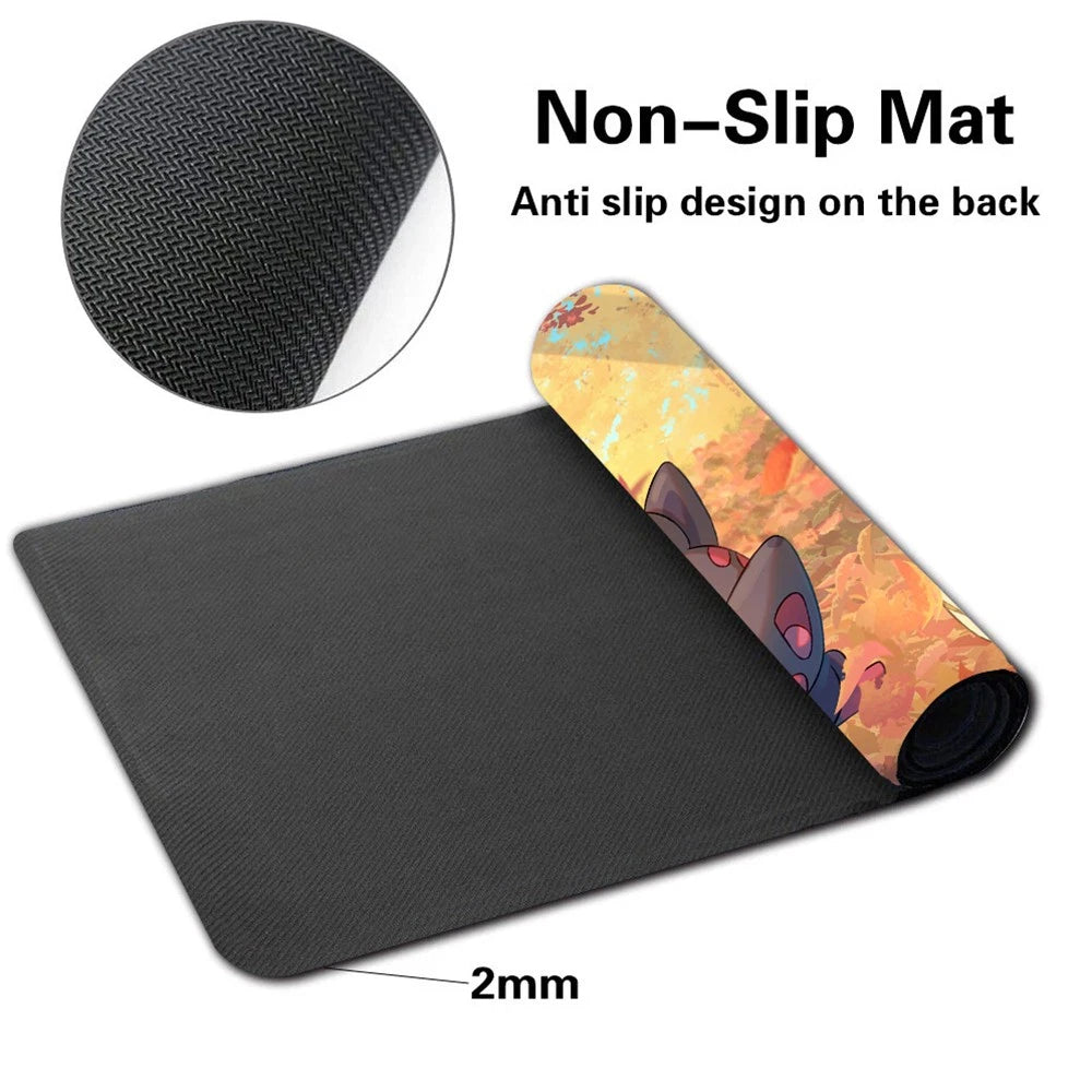 Black non-slip mat with cartoon design on one side and anti-slip texture on the other, on a white background.